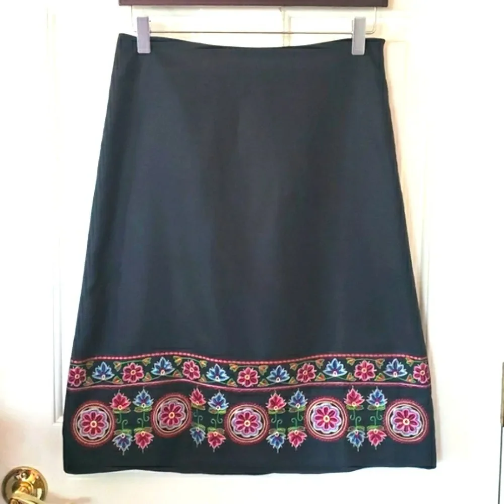 ANN TAYLOR Black Silk Embroidered Floral Midi Skirt Petite 6P A‑Line Elegant